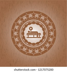 bench press icon inside wooden emblem. Vintage.