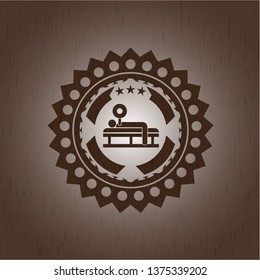 bench press icon inside wooden emblem. Retro