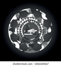 bench press icon on grey camouflaged texture