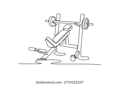 Presione el banco acostado y sentado. Gimnasio Concepto de propiedad. Diseño de dibujo de línea única. Ilustración gráfica de Vector