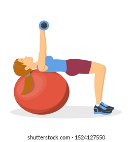 Bench press on fitness ball, exercise for chest. Woman doing workout with dumbbell. Bodybuilder in the gym. Isolated vector illustration in cartoon style