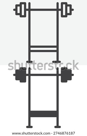 Bench press rack icon set with barbell training station. Line outline and solid icon versions with editable stroke. Vector sign and symbol for gym bench press weightlifting icon.