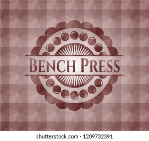 Bench Press red seamless emblem or badge with abstract geometric polygonal pattern background.