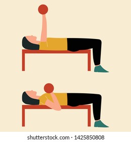 Bench press. Top body workout. Upper body exercises. Flat vector illustration.