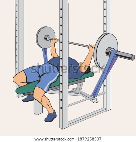 Bench press using resistance rubber band, powerlifting training, vector image