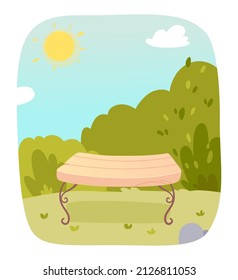 Bench in public city park, urban landscape vector illustration. Cartoon cute empty wooden bench in summer green nature of garden, sun on blue sky, cityscape scene. Lifestyle, downtown concept