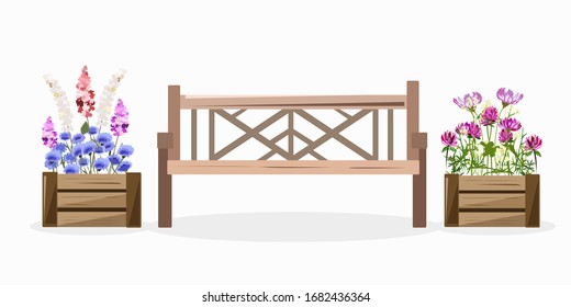 A bench for rest and flowers in boxes on the sides