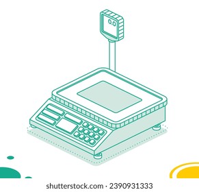 Bench scales. Isometric outline object isolated on white. Vector illustration. Market digital scales.