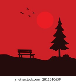 Bench sits under a pine tree while birds fly across a vibrant red sunset in this peaceful landscape.