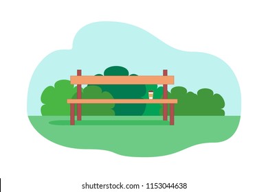 Bench standing in a park. A cup of coffee is standing on the seat of the bench. Flat style vector illustration with modern city background. Poster, banner template. For printing, web design.
