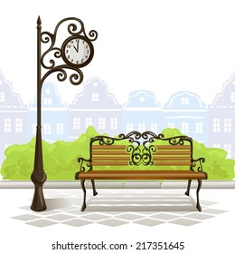 bench, street clock, old town. vector illustration