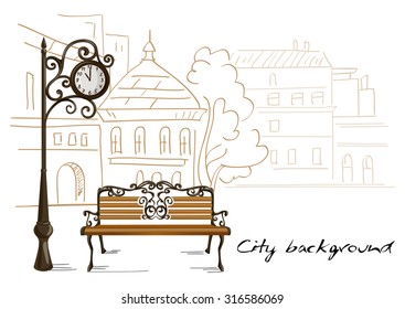 bench, street clocks, background line drawing city. vector illustration