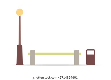 Bench, street lamp, and trash can. Colored silhouette. Front and side view. Vector simple flat graphic illustration. Isolated object on a white background.