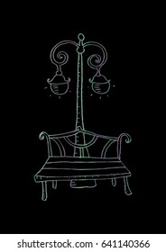 Bench and street lantern. Sketchy style.
