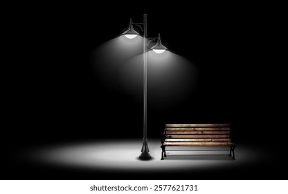 Bench and streetlight isolated on black night background. Vector illustration.  