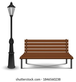 Bench and streetlight isolated on white background. Vector illustration. Eps 10.