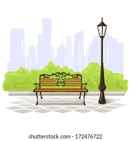 bench and streetlight on city background. vector illustration