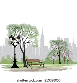 Bench and streetlight in park over city background.  Landscape of Central Park in New York. USA. svg
