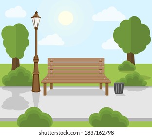 Bench and streetlight in the park. Vector illustration. Eps 10.