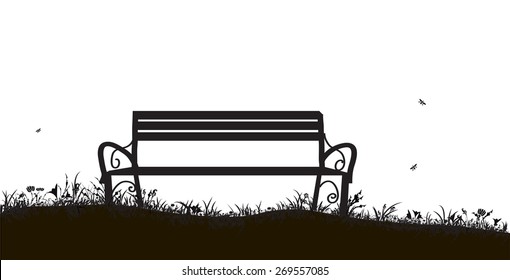 Bench In Summer Garden, Silhouette,black And White, Vector.