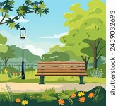 Bench in summer public garden. City park with green trees, grass, wooden bench and lantern. Vector illustration cartoon landscape with empty park