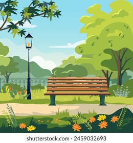 Bench in summer public garden. City park with green trees, grass, wooden bench and lantern. Vector illustration cartoon landscape with empty park