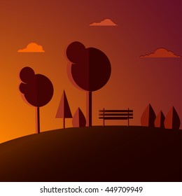 A bench surrounded by trees and bushes on a hill during sunset. Vector illustration in a flat style