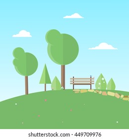 bench surrounded by trees, bushes and flowers stands on a hill on a clear summer day. Sit on the bench two birdies. Vector illustration in a flat style