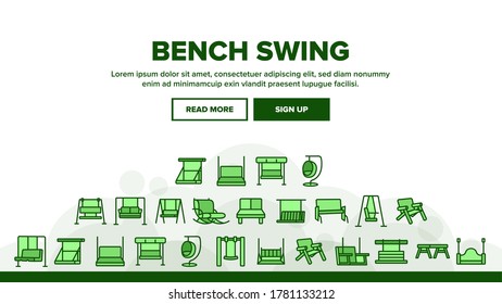 Bench Swing Furniture Landing Web Page Header Banner Template Vector. Bench Swing In Different Style, Comfortable Rocking Chair, Relaxation Porch Seat Illustrations