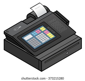 A bench top touchscreen point of sale terminal. With an integrated card swipe scanner, tap NFC scanner, keypad, and printer. On top of a cash drawer.