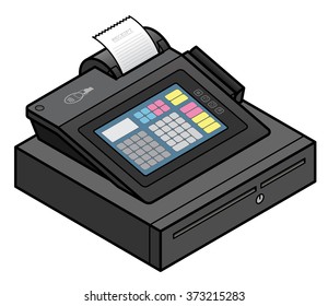A bench top touchscreen point of sale terminal. With an integrated card swipe scanner, tap NFC scanner, and printer. On top of a cash drawer.