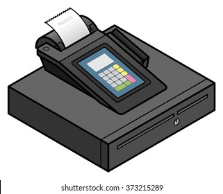 A bench top touchscreen point of sale terminal. With an integrated card swipe scanner and printer. On top of a cash drawer.