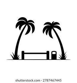 Bench, trash can, and palm trees icon. Black silhouette. Front view. Vector simple flat graphic illustration. Isolated object on a white background.