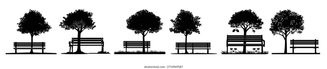 Banco con un conjunto de arte de Clip de silueta negra de árbol