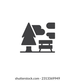 Bench with tree and clouds vector icon. filled flat sign for mobile concept and web design. Forest park glyph icon. Symbol, logo illustration. Vector graphics