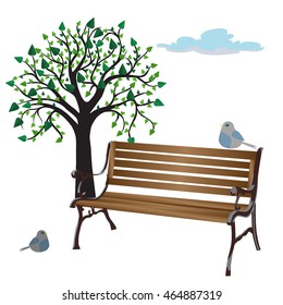 the bench and tree with doves