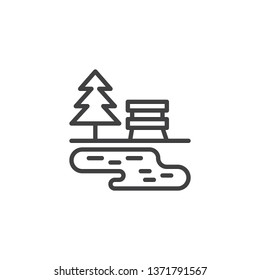 Bench With Tree And Lake Line Icon. Linear Style Sign For Mobile Concept And Web Design. Park Bench With Water And Tree Outline Vector Icon. Outdoors Symbol, Logo Illustration. Pixel Perfect Vector 