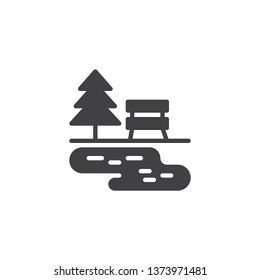 Bench with tree and lake vector icon. filled flat sign for mobile concept and web design. Park bench with water and tree glyph icon. Outdoors symbol, logo illustration. Pixel perfect vector graphics