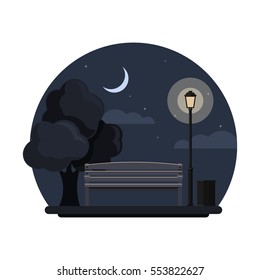 Bench with tree and lantern in the Park at night. Vector illustration in flat style