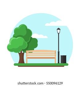 Bench with tree and lantern in the Park. Outdoor scene. Vector illustration in flat style