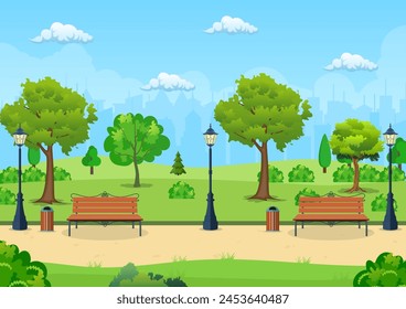 Bench with tree and lantern in the Park. Vector illustration in flat style