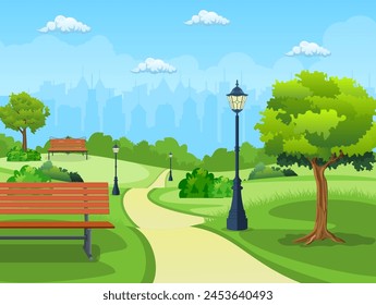 Bench with tree and lantern in the Park. Vector illustration in flat style