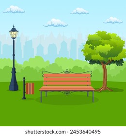 Bench with tree and lantern in the Park. Vector illustration in flat style