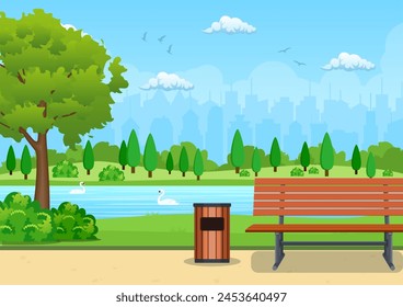 Banco con árbol y linterna en el parque. Ilustración vectorial en estilo plano