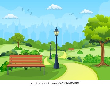 Bench with tree and lantern in the Park. Vector illustration in flat style