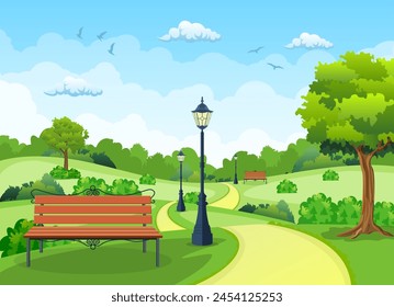 Bank mit Baum und Laterne im Park. Vektorillustration im flachen Stil