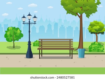 Bench with tree and lantern in the Park. Vector illustration in flat style