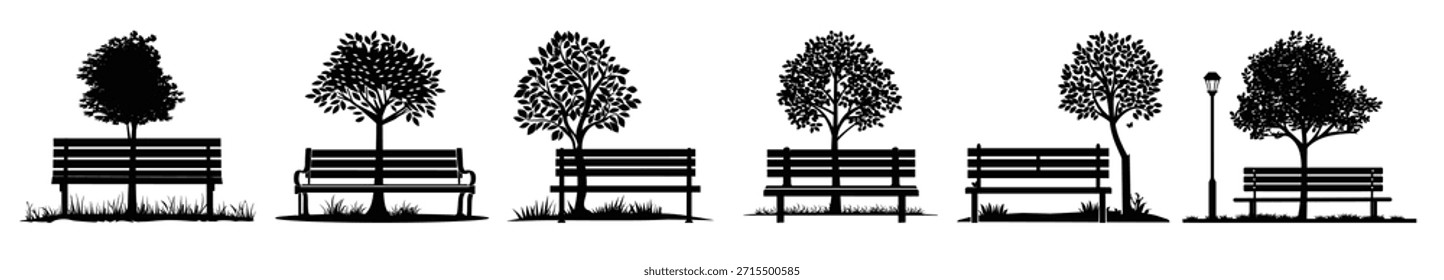 Banco y banco del parque del Paquete del Clipart de la silueta del árbol