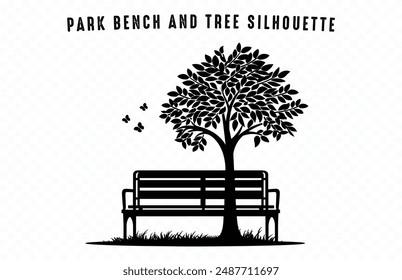 Bench and Tree Silhouette Vector isolated on a white background, A Tree with Park Bench black Silhouette Clipart