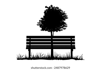 Bench and Tree Silhouette Vector isolated on a white background, A Tree with Park Bench black Silhouette Clipart